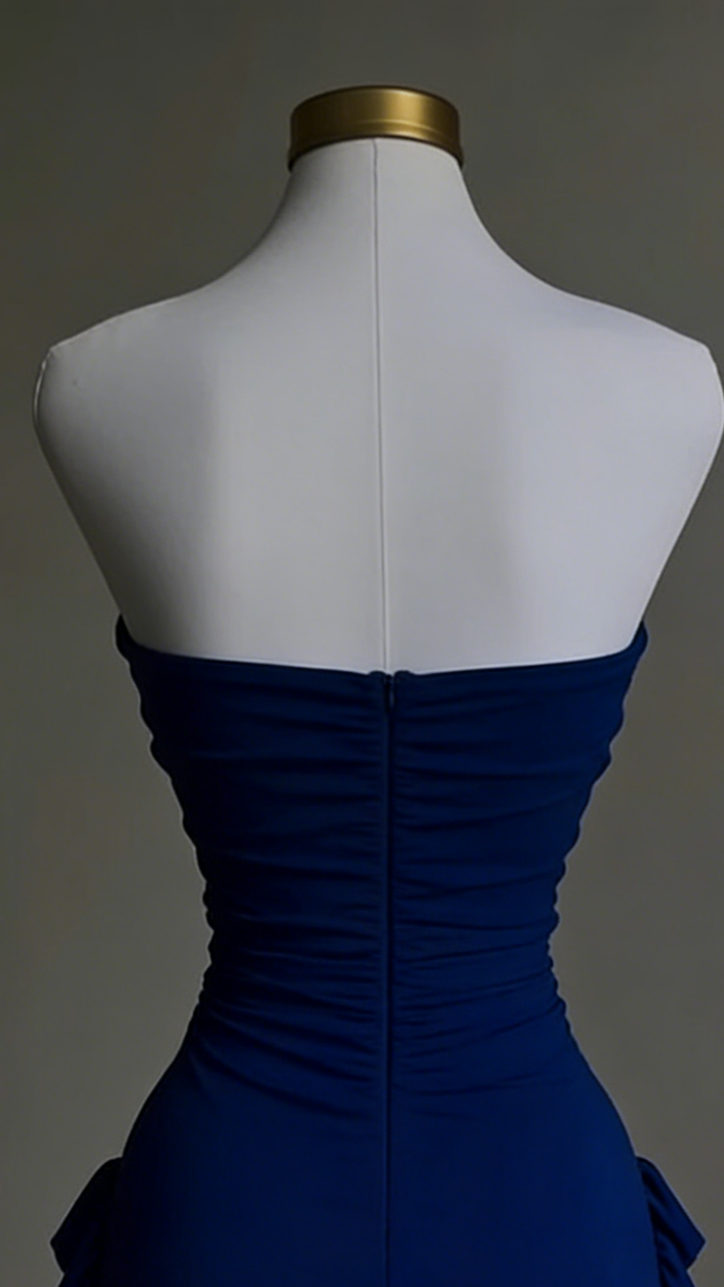 Bold Cobalt Blue Strapless Ruffle-Slit Midi Evening Dress for Cocktail Events, Latin Dance Nights & Resort Parties