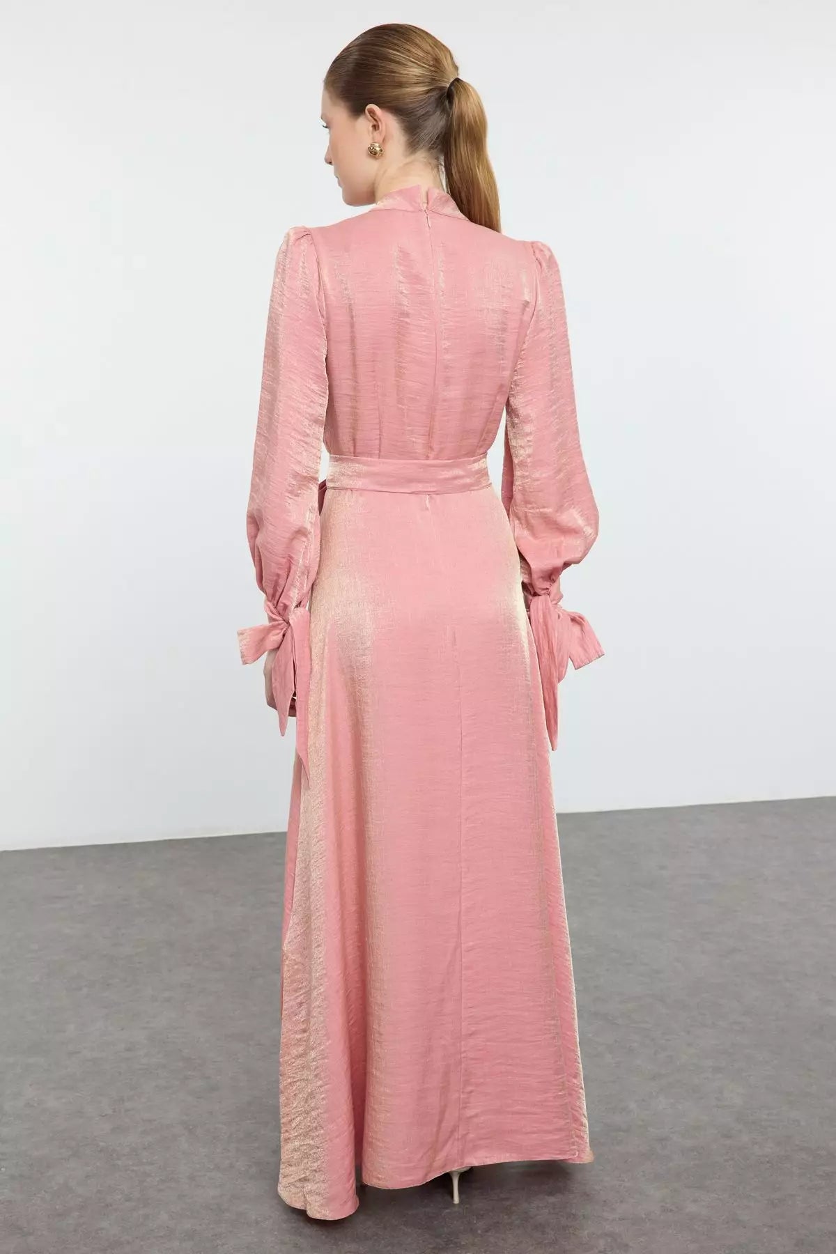 Elegant Glossy Jacquard Satin Stand Collar Puff Sleeve Bow Maxi Evening Dress