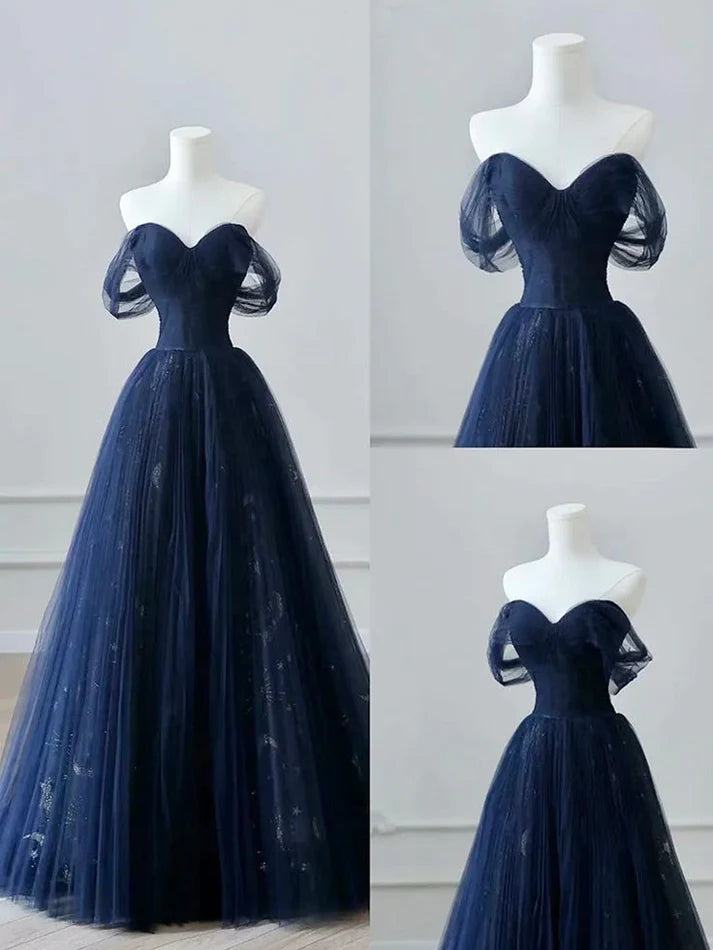 Midnight Blue Tulle Off-Shoulder Sparkle A-Line Evening Gown with Train for Prom Nights, Winter Weddings & Starry Night Galas