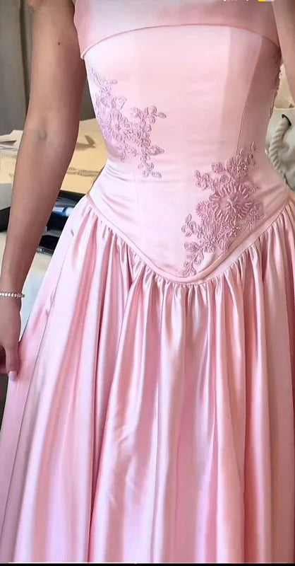 Romantic Blush Pink Satin Ball Gown Evening Dress for Prom, Wedding Guests & Cocktail Events