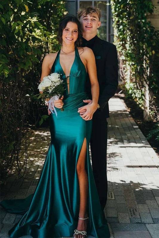 Alluring mermaid halter corset sleeveless open-back slit satin prom gown