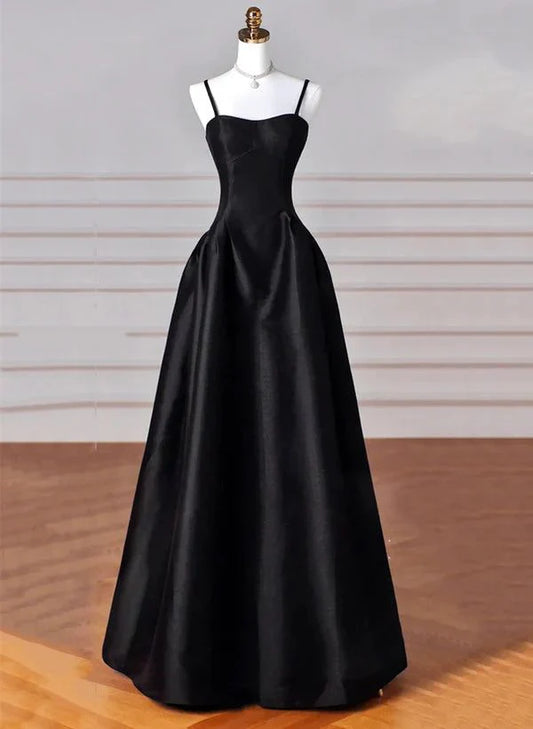 Black Satin Spaghetti Strap A-Line Evening Gown with Lace-Up Back for Black-Tie Events, Gala Dinners & Prom Nights
