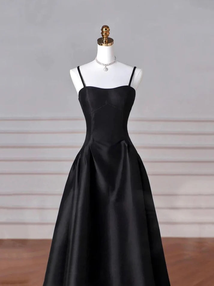 Black Satin Spaghetti Strap A-Line Evening Gown with Lace-Up Back for Black-Tie Events, Gala Dinners & Prom Nights