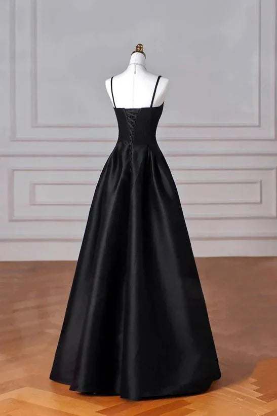 Black Satin Spaghetti Strap A-Line Evening Gown with Lace-Up Back for Black-Tie Events, Gala Dinners & Prom Nights