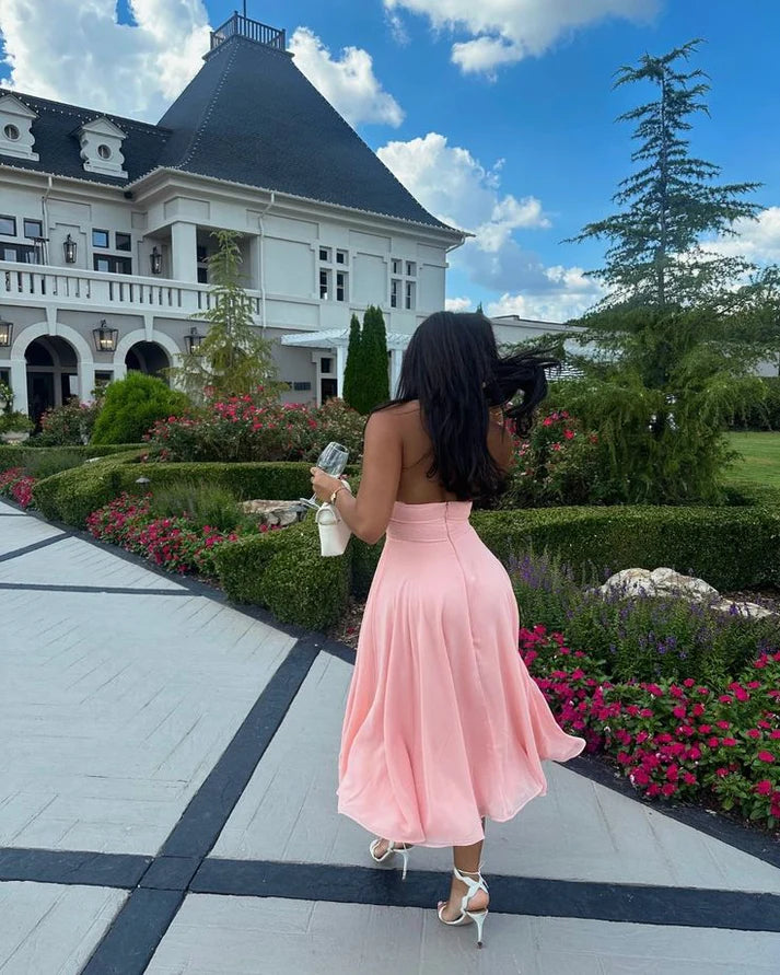 Blush Pink Satin V-Neck Open-Back Midi Evening Dress for Garden Bridal Showers, Country Club Events & Afternoon Tea Parties