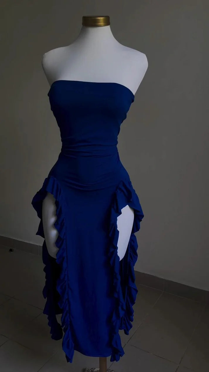 Bold Cobalt Blue Strapless Ruffle-Slit Midi Evening Dress for Cocktail Events, Latin Dance Nights & Resort Parties