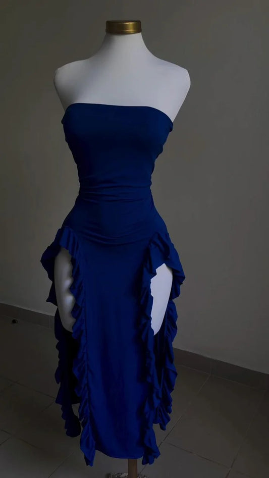Bold Cobalt Blue Strapless Ruffle-Slit Midi Evening Dress for Cocktail Events, Latin Dance Nights & Resort Parties