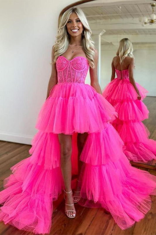 Bold high-low ball gown strapless sweetheart lace-up tiered tulle prom dress
