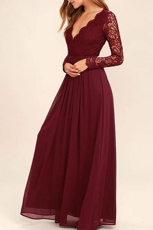 Burgundy Lace Long Sleeve Open Back A-Line Prom Dresses