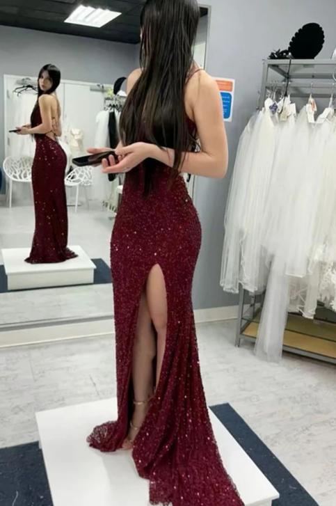 Burgundy Sequin Lace-Up Back Mermaid Evening Dress for Prom, Gala Events & Wedding Receptions