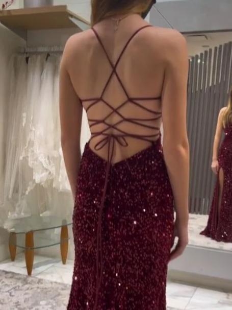Burgundy Sequin Lace-Up Back Mermaid Evening Dress for Prom, Gala Events & Wedding Receptions