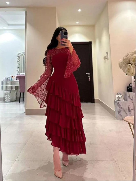 Burgundy Sequin Lace Ruffled Maxi Evening Dress for Wedding Receptions, Gala Dinners & Cultural Celebrations