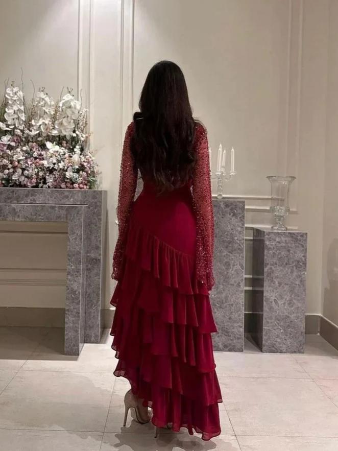 Burgundy Sequin Lace Ruffled Maxi Evening Dress for Wedding Receptions, Gala Dinners & Cultural Celebrations