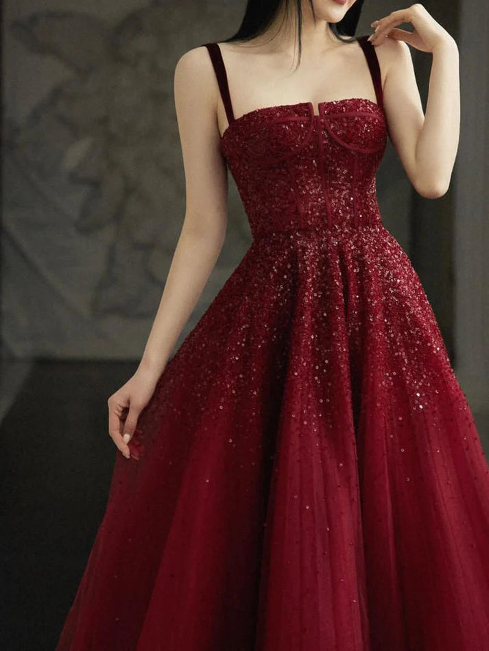 Burgundy Sequin Tulle Ball Gown Evening Dress for Gala Events, Wedding Receptions & Red-Carpet Moments