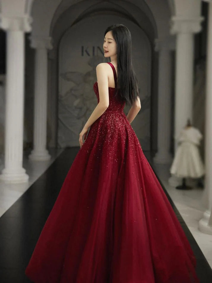 Burgundy Sequin Tulle Ball Gown Evening Dress for Gala Events, Wedding Receptions & Red-Carpet Moments