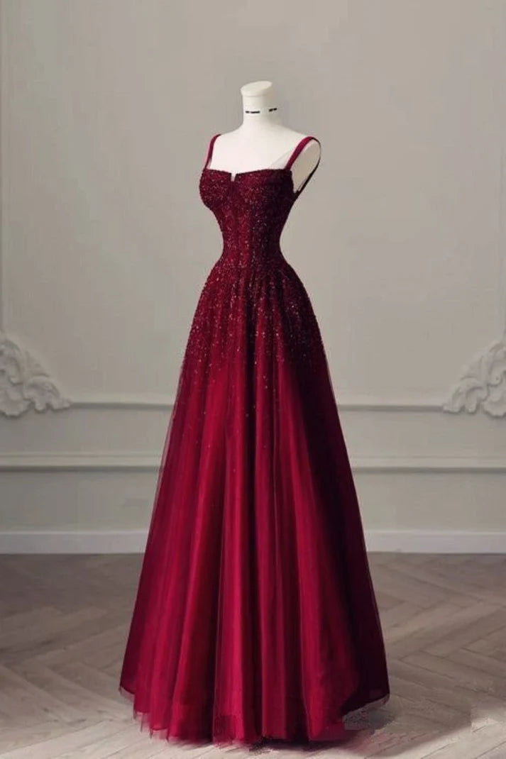 Burgundy Sequin Tulle Ball Gown Evening Dress for Gala Events, Wedding Receptions & Red-Carpet Moments