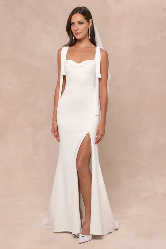 Chic Ivory Satin Square-Neck Tie-Strap Ruched Bodice High-Slit Mermaid Wedding Dress with Pearl-Button Back & Subtle Train