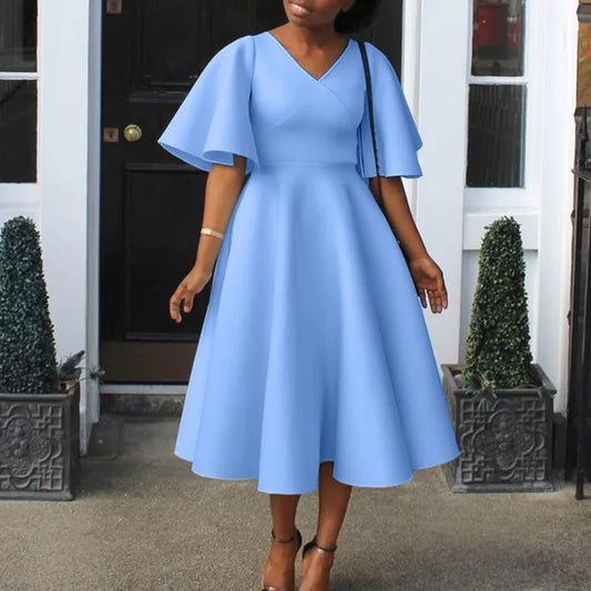 Chic Sky-Blue V-Neck Flare Sleeve Scuba Crepe A-Line Midi Dress with Pockets for Bridal Shower & Afternoon Tea Party Events