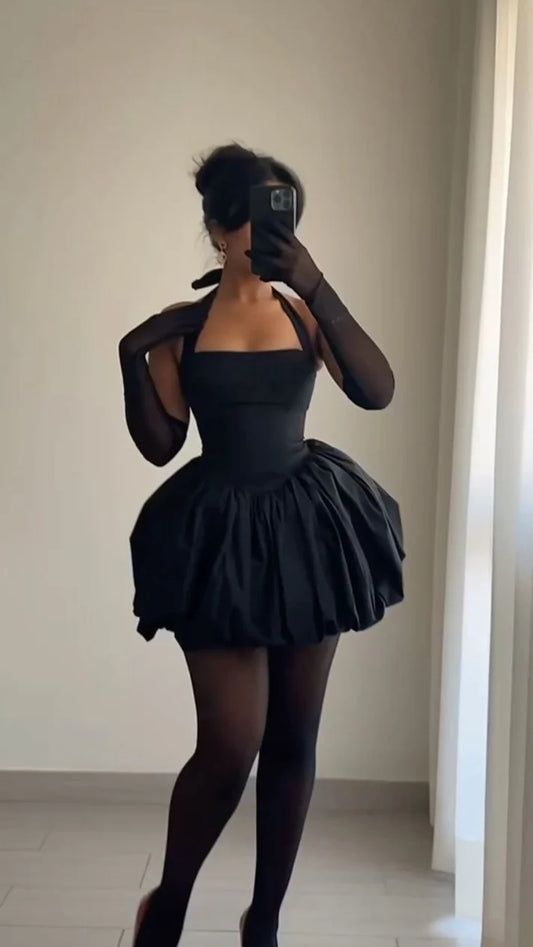 Dark Coquette Black Halter Neck Lace-Up Back Bubble Mini Evening Dresses for Cocktail Parties & Themed Events