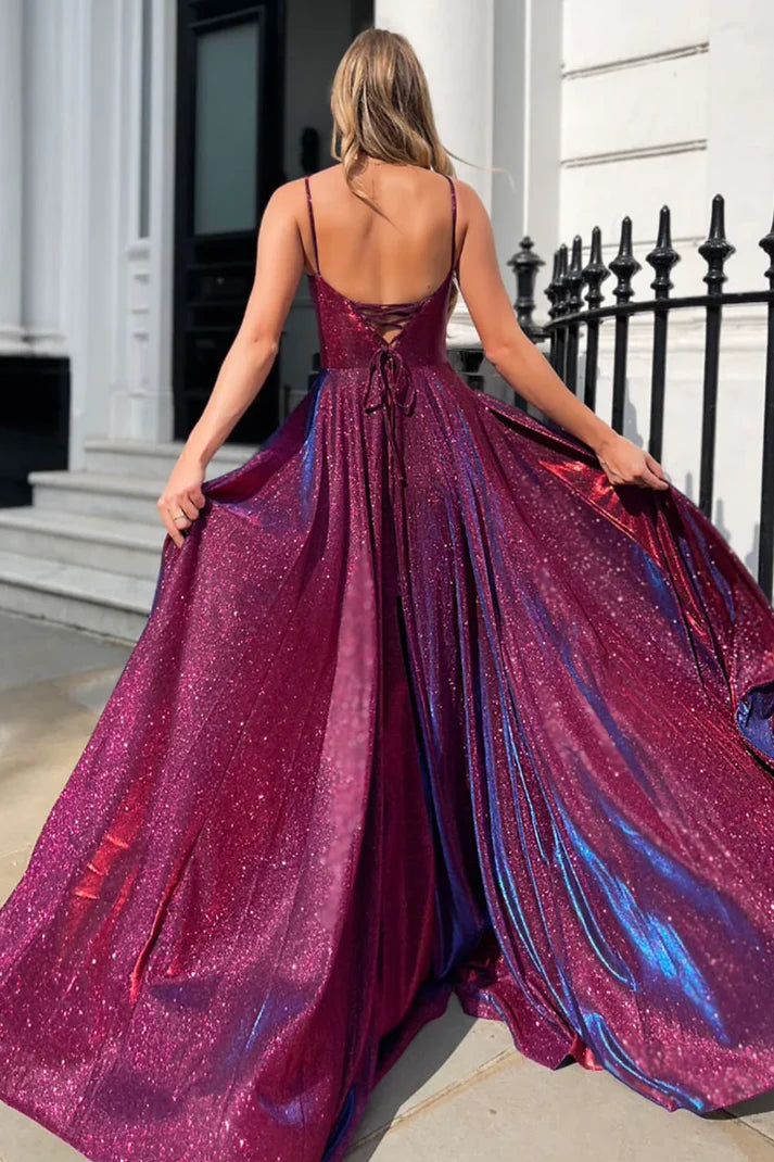 Dramatic Magenta Iridescent Metallic Square Neck Spaghetti Strap Open-Back High Slit Ball Gown Prom Dresses