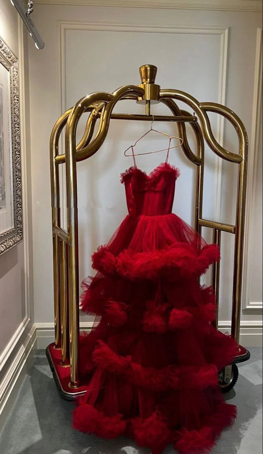 Dramatic Red Tiered Tulle Ball Gown Evening Dress for Red-Carpet Events, Birthday Galas & Themed Weddings