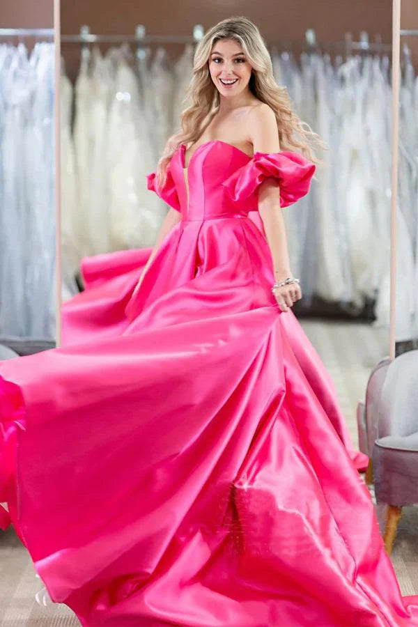Dramatic ball gown off-the-shoulder puff-sleeve sweetheart satin prom dress
