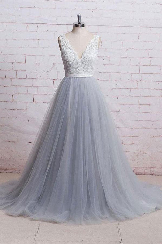 Elegant A-line V-neck lace Appliqué sash waist tulle prom dress
