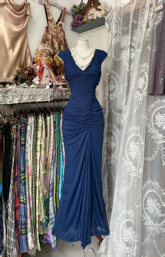 Elegant Deep Blue Ruched Cowl Neck Mermaid Evening Dresses for Formal Galas & Black-Tie Events