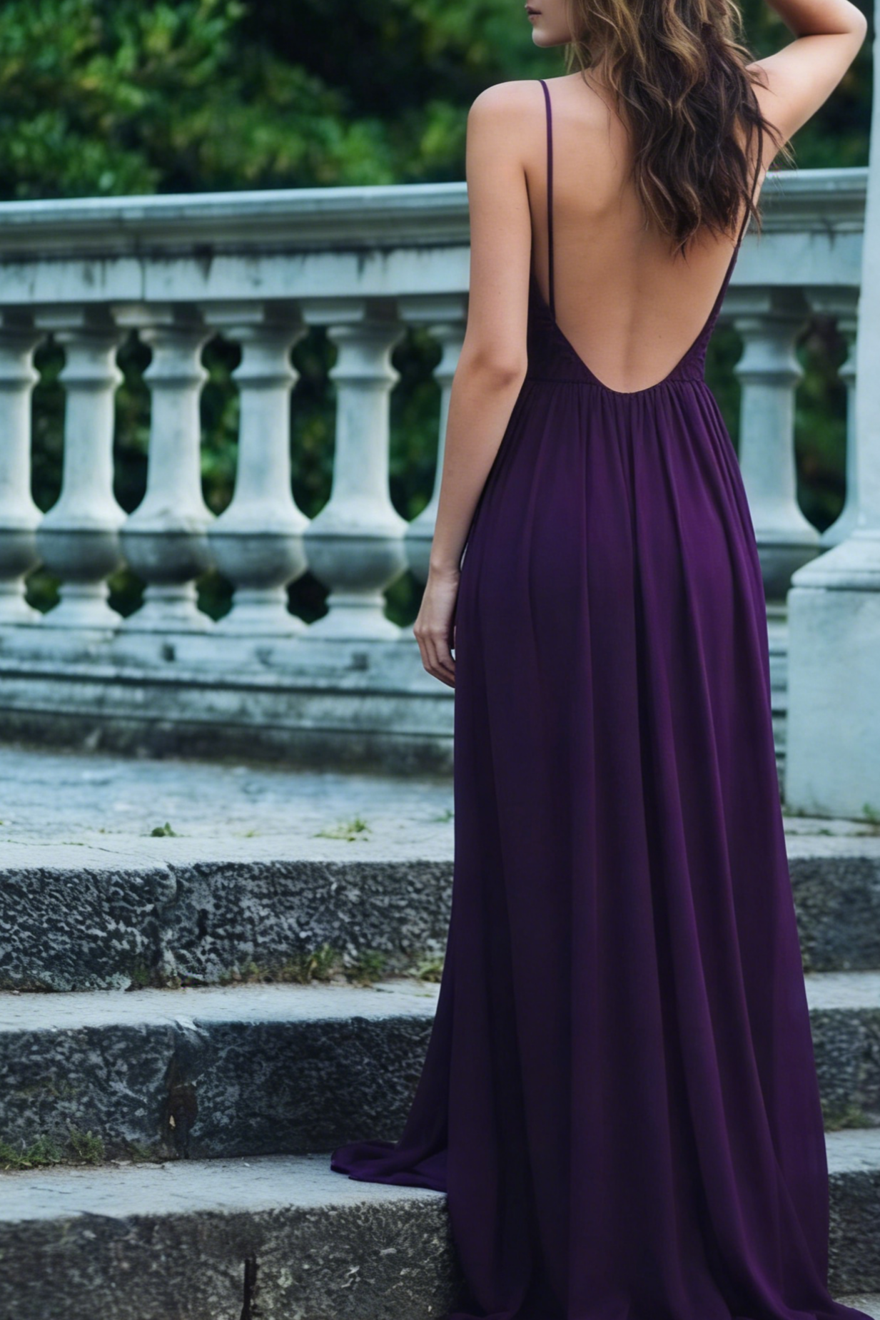 Elegant Deep Purple Chiffon V-Neck Spaghetti Strap Open-Back A-Line Floor-Length Evening Dresses for Formal Events & Black-Tie Galas