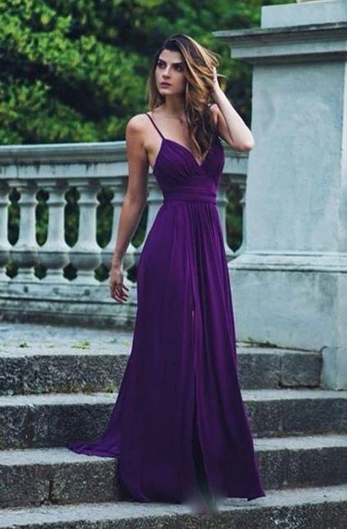 Elegant Deep Purple Chiffon V-Neck Spaghetti Strap Open-Back A-Line Floor-Length Evening Dresses for Formal Events & Black-Tie Galas
