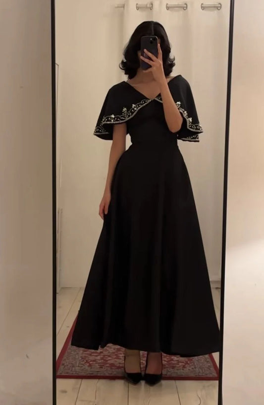 Elegant Deep V-Neck Cape Sleeve Rhinestone Satin A-Line Floor-Length Evening Dress for Formal & Gala Events