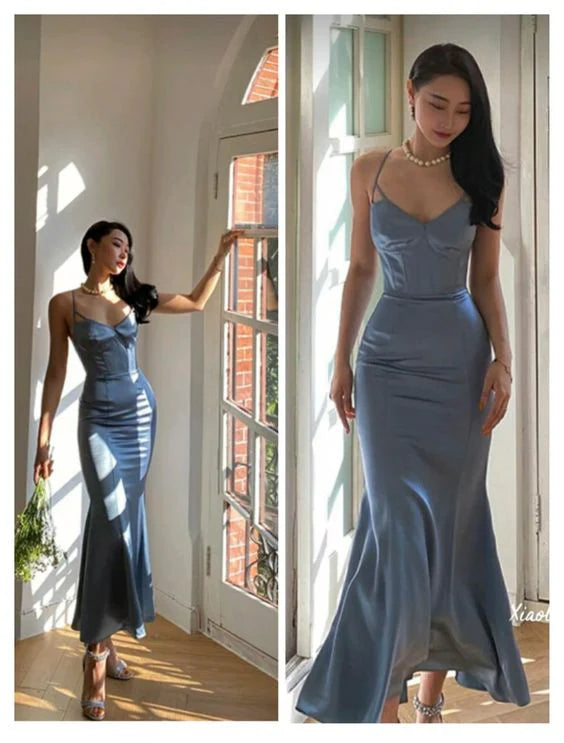 Elegant Dusty Blue Satin Cowl Neck Crisscross Spaghetti Strap Open-Back Mermaid Prom Dresses