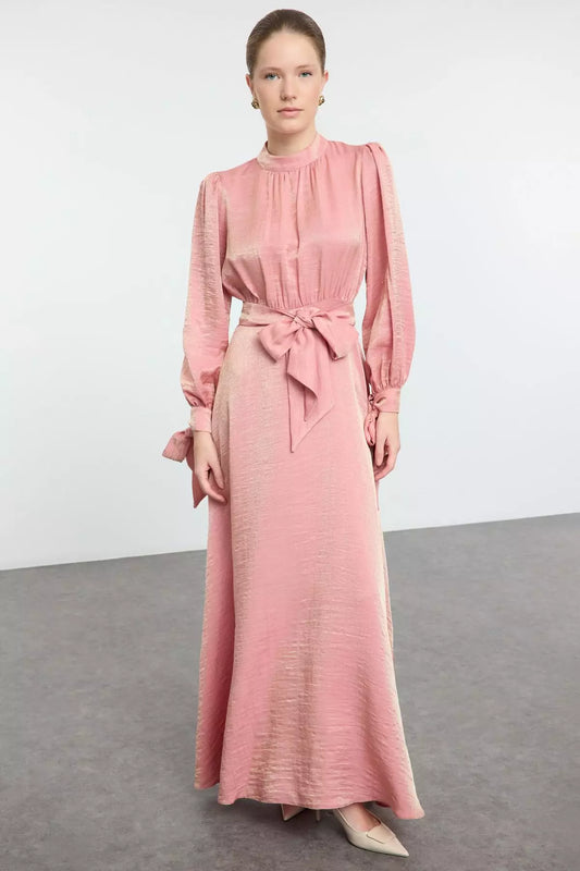 Elegant Glossy Jacquard Satin Stand Collar Puff Sleeve Bow Maxi Evening Dress