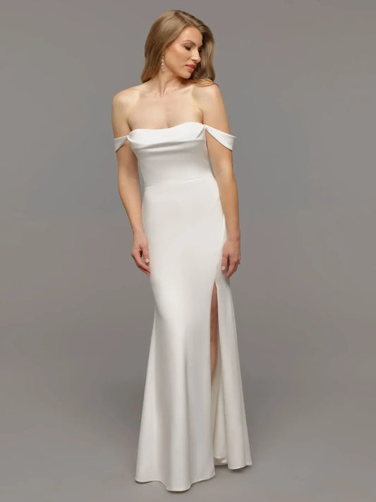 Elegant Ivory Satin Off-the-Shoulder Sleek Bodice High-Slit Mermaid Wedding Dress with Minimalist Silhouette