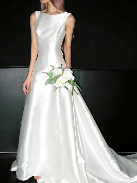 Elegant Ivory Satin Sleeveless Boat Neck Dramatic Open-Back 3D Rose Accent A-Line Wedding Dress with Flowing Train