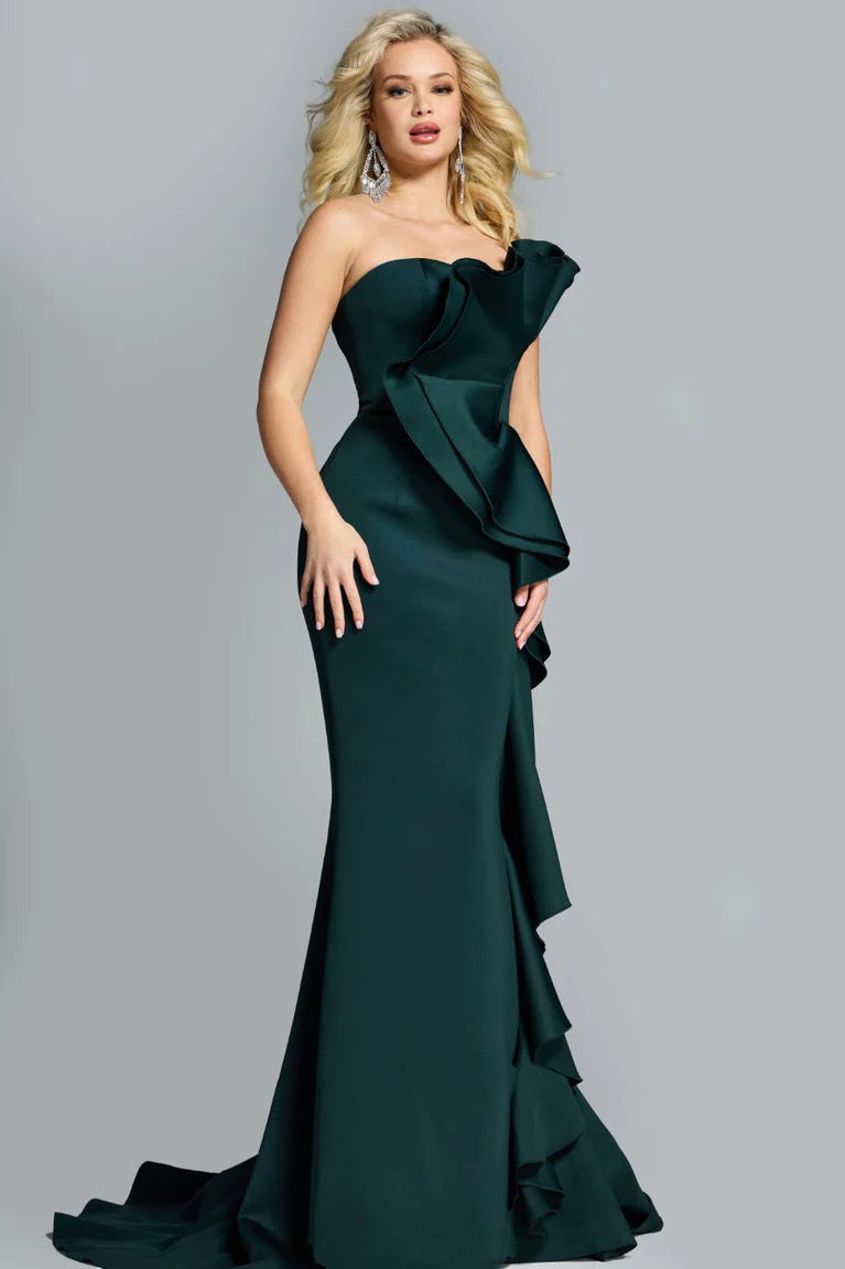 Elegant Ruffled One-Shoulder Open Back Mermaid Train-Length Mother of the Bride Dress