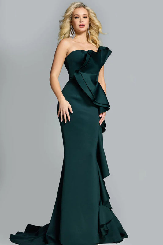 Elegant Ruffled One-Shoulder Open Back Mermaid Train-Length Mother of the Bride Dress
