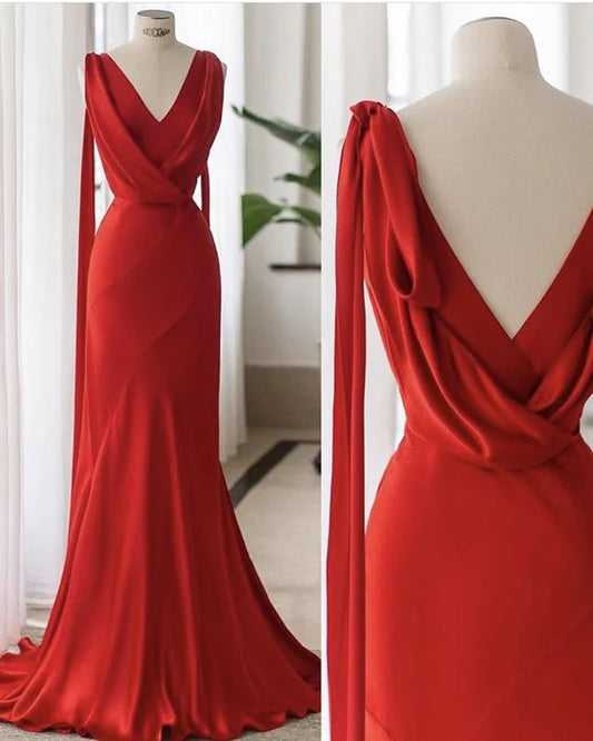 Elegant V-Neck Open-Back Twist Satin Sash Mermaid Floor-Length Evening Dress for Wedding & Gala Events