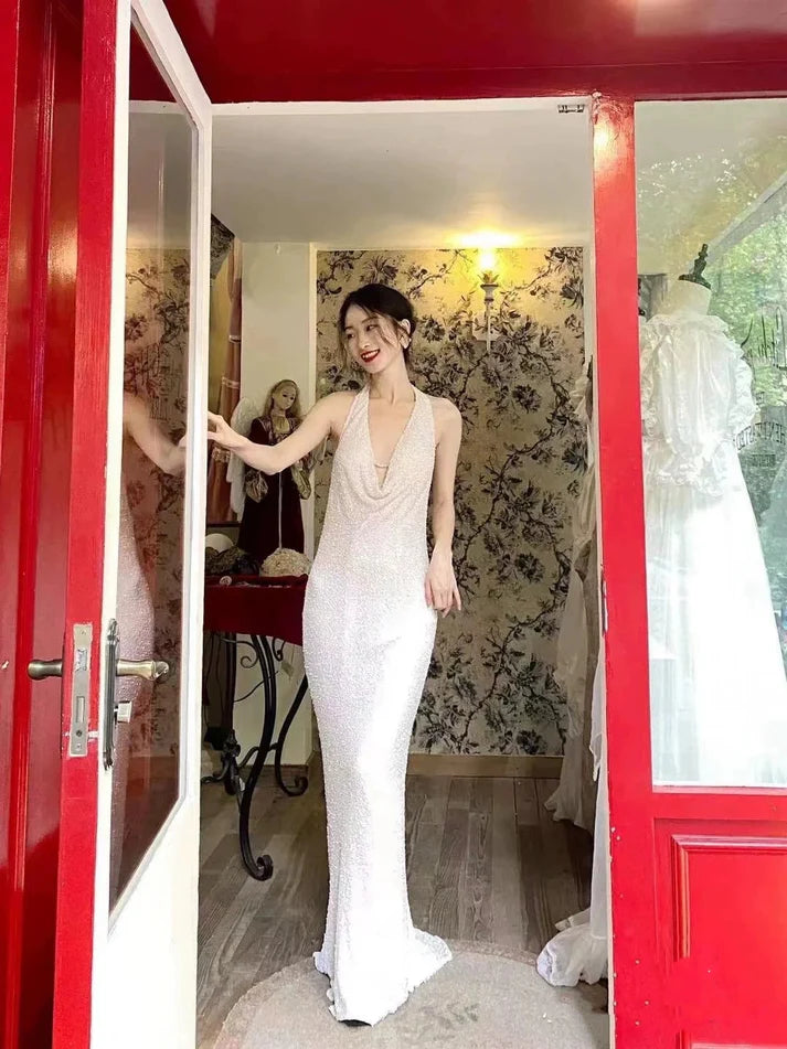 Elegant White Sequin Halter Neck Open-Back Mermaid Evening Dresses for Cocktail Parties & Red-Carpet Events