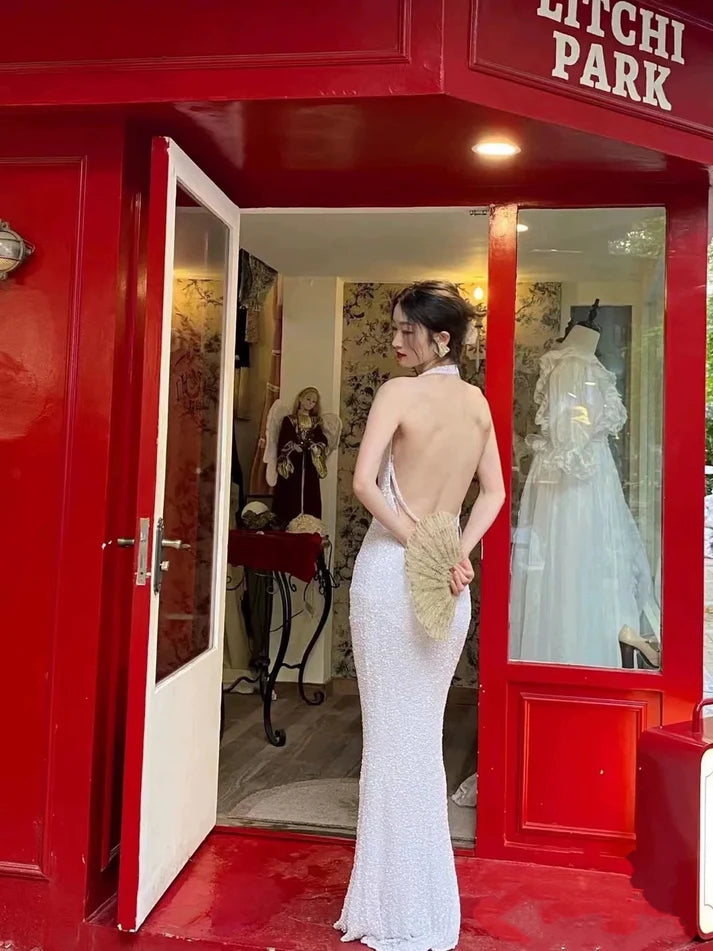 Elegant White Sequin Halter Neck Open-Back Mermaid Evening Dresses for Cocktail Parties & Red-Carpet Events