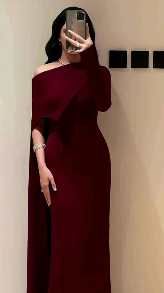 Elegant Wine Red One-Shoulder Capelet Mermaid Evening Dresses with High Slit for Formal Events & Black-Tie Galas