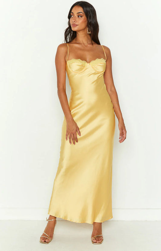 Elegant Yellow Satin Sweetheart Lace Trim Spaghetti Straps Open Back Floor Length Prom Dress