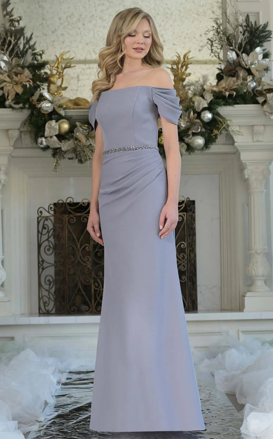 Elegant Draped Off-the-Shoulder Ruched Sleeve Beaded Waist Trumpet Floor-Length Mother of the Bride Dress