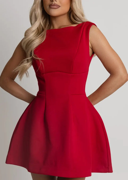 Elegant Fitted Boat-Neck Sleeveless Open-Back Mini Party Dress