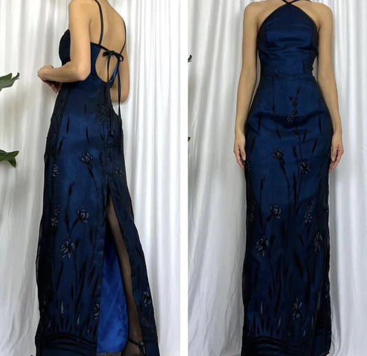 Elegant Navy Blue Halter Neck Jacquard Evening Dress for Wedding Guests, Cocktail Events & Formal Galas