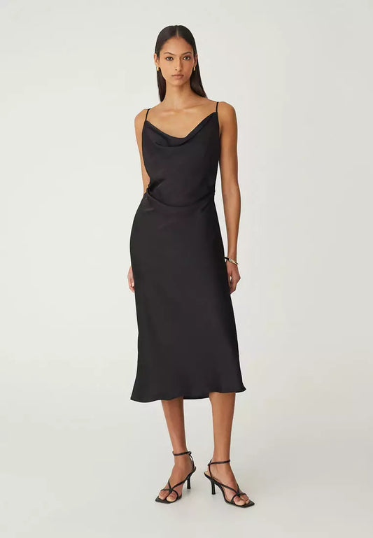 Elegant Satin Spaghetti Strap Cowl Neck Ruched Midi Evening Dress