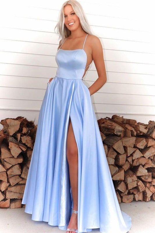 Elegant ball gown square neck spaghetti-strap cross-back slit satin prom dress