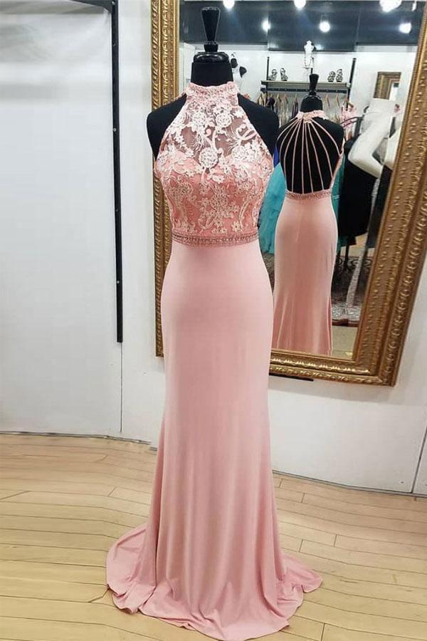 Elegant mermaid halter lace cage-back jersey floor-length prom dress