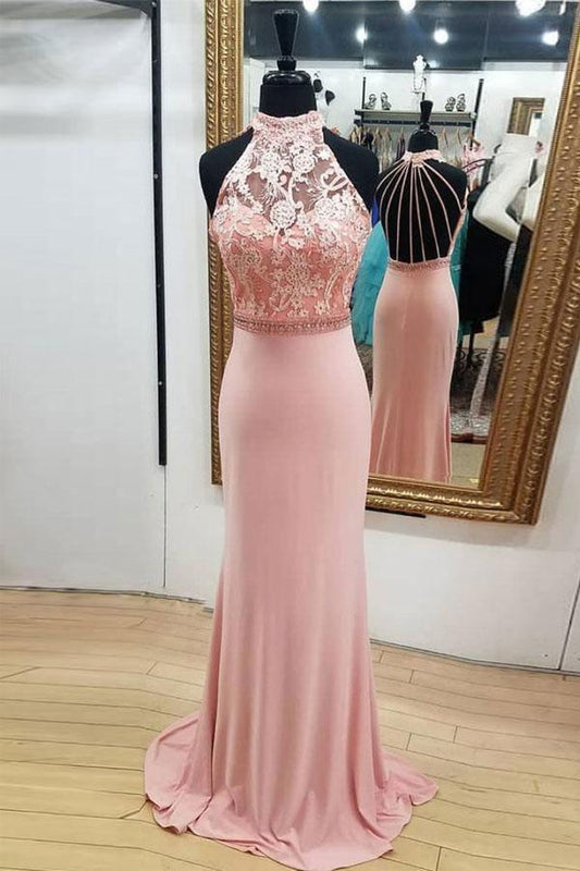 Elegant mermaid halter lace cage-back jersey floor-length prom dress