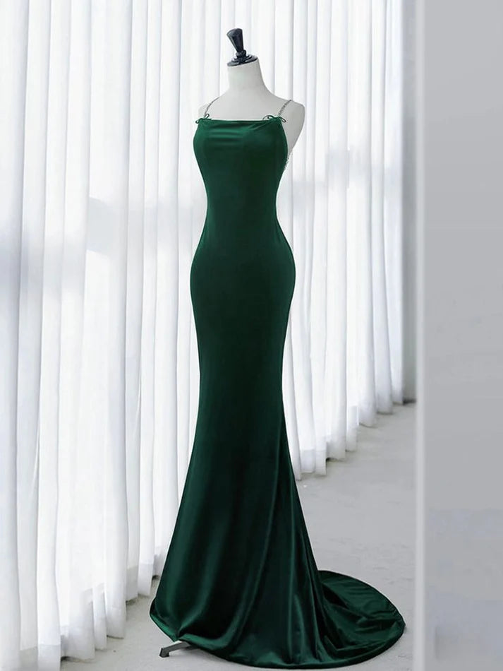 Emerald Green Velvet Rhinestone-Strap Mermaid Evening Gown with Train for Holiday Parties, Gala Dinners & Winter Weddings